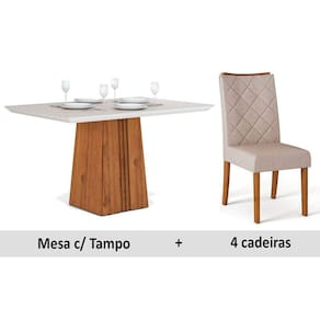 Conjunto: Mesa de Cozinha Itália Tampo Madeirado c/ Vidro 120x90cm e 4 Cadeiras Golden Terrara/Off White/Claro - DJ Móveis
