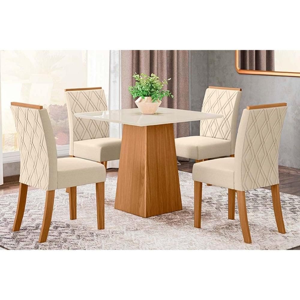 Conjunto: Mesa de Cozinha Dora Tampo Madeirado 90x90cm e 4 Cadeiras Vita Nature/Linho - Henn