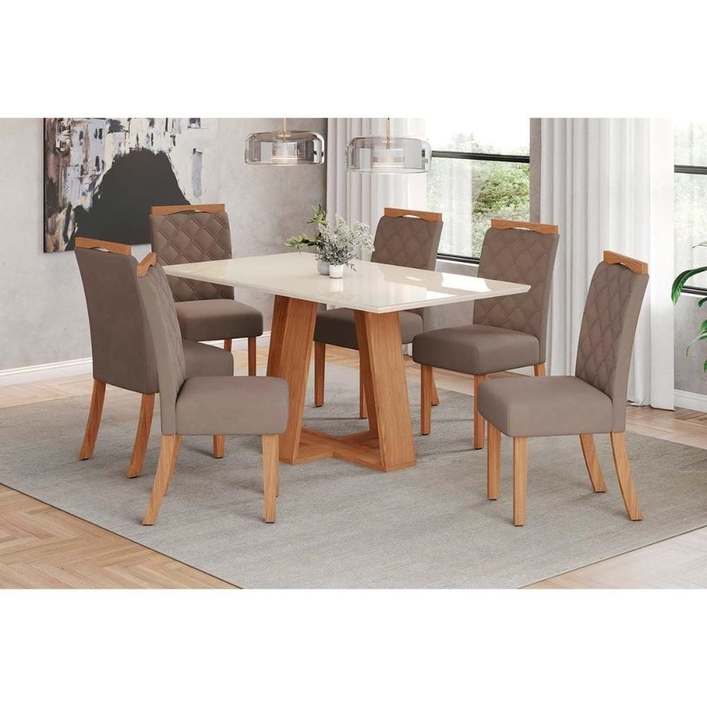 Conjunto: Mesa de Cozinha Lins c/ Tampo Madeirado c/ Vidro 160x90cm e 6 Cadeiras Bella Nature/Suede Light Marrom Amendoa - Henn