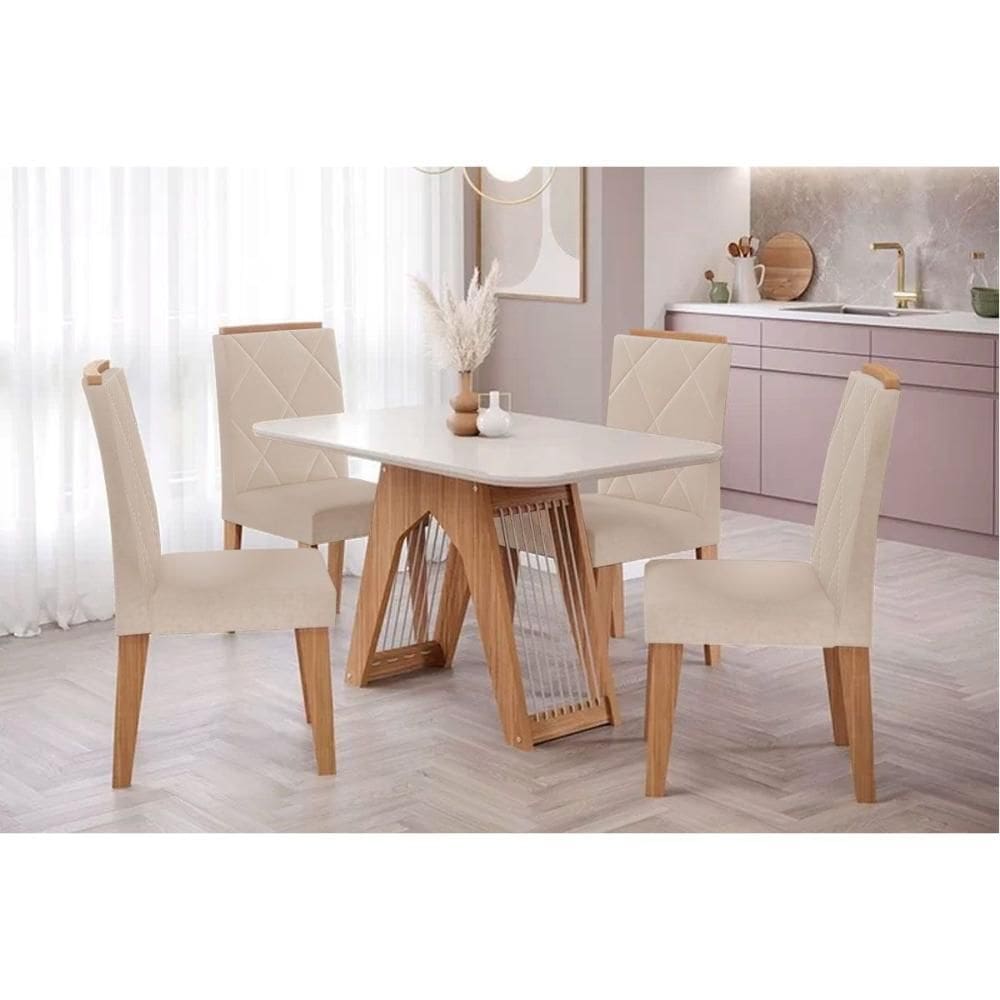Conjunto: Mesa de Cozinha Carol Tampo Madeirado c/ Vidro 130x80cm e 4 Cadeiras Fernanda Savana-Madeirado/Suede Nude Bege - Cimol