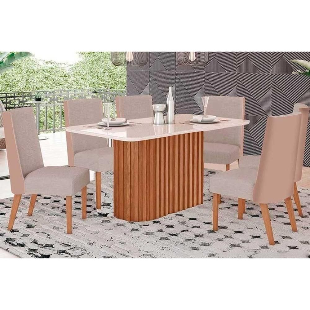 Conjunto: Mesa de Cozinha Solana SC68 Tampo Madeirado c/ Vidro Canto Curvo 160x90cm e 6 Cadeiras Anne Nature/Courano/Linho - Henn