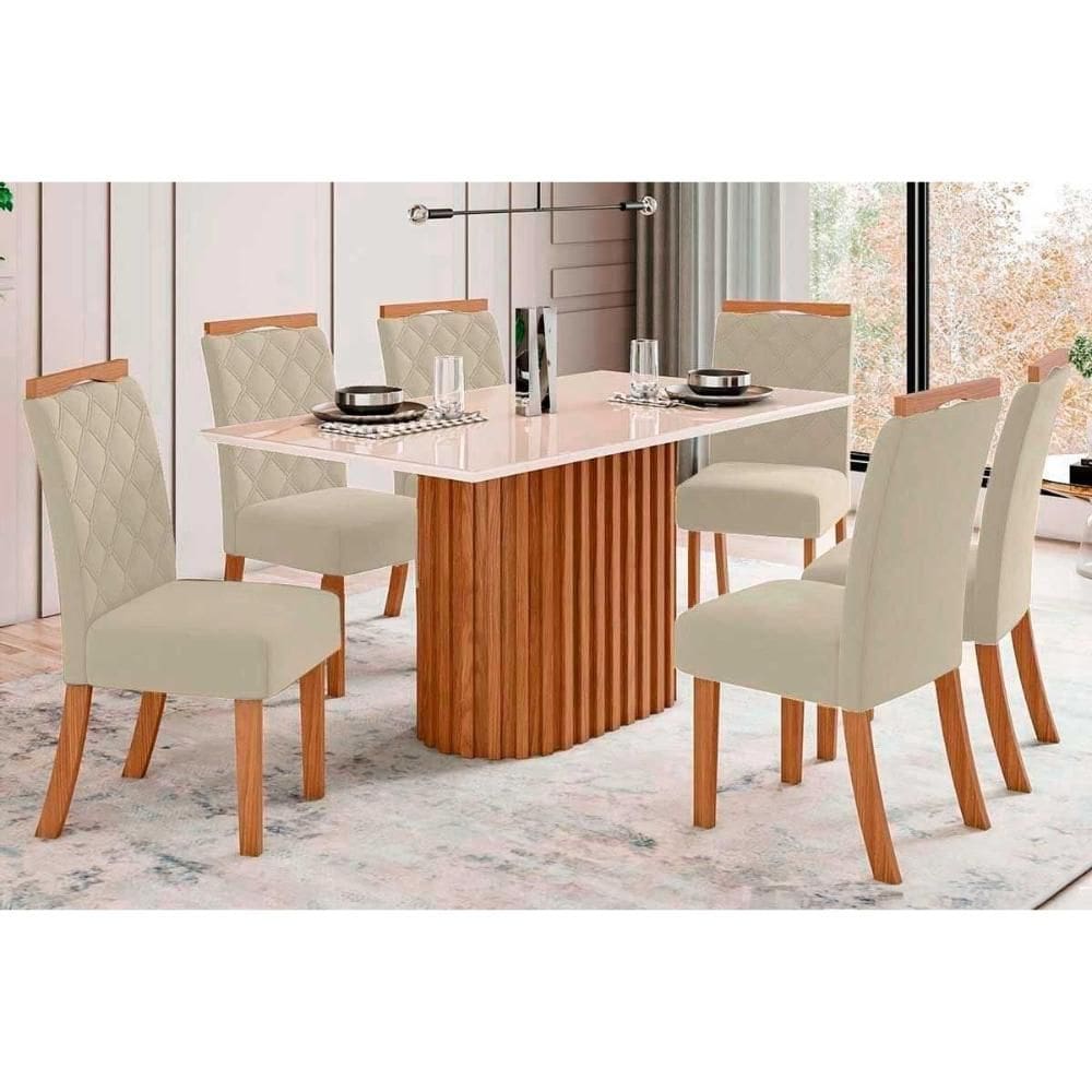 Conjunto: Mesa de Cozinha Solana c/ Tampo Madeirado c/ Vidro Reto 160x90cm e 6 Cadeiras Bella Nature/Linho - Henn