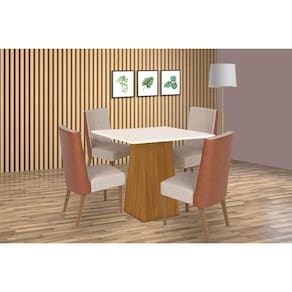 Conjunto: Mesa de Cozinha Dora Tampo Madeirado 90x90cm e 4 Cadeiras Anne Nature/Courano/Linho - Henn
