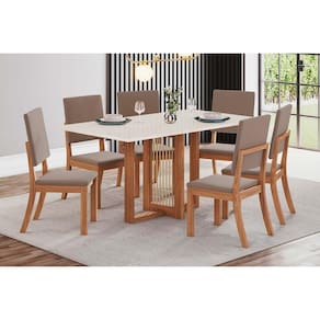 Conjunto: Mesa de Cozinha Natalí c/ Tampo Madeirado Reto s/ Vidro 160x90cm e 6 Cadeiras Milla Nature/Suede Light Marrom Amêndoa - Henn