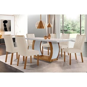 Conjunto: Mesa de Cozinha Jade Tampo Madeirado c/ Vidro Canto Curvo 180x90 e 6 Cadeiras Jade Imbuia/Off White - Suede Creme - Rufato