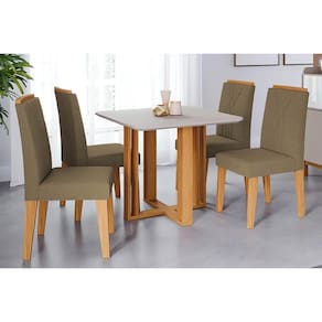 Conjunto: Mesa de Cozinha Flora Tampo Madeirado c/ Vidro 95X95cm e 4 Cadeiras Nicole Nature/Suede Joli Chocolate - Cimol