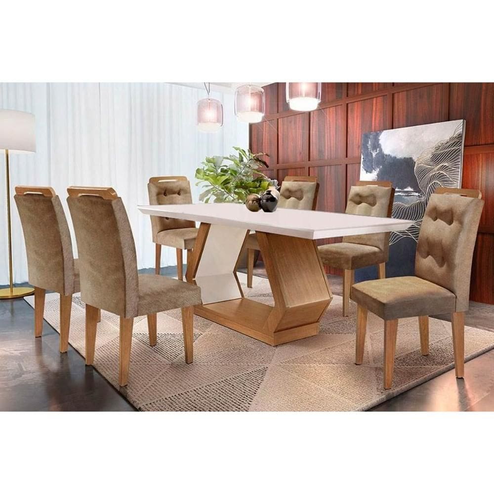 Conjunto: Mesa de Cozinha Alvorada c/ Tampo Madeirado Canto Reto 180x90cm e 6 Cadeiras Imperatriz Imbuia/Off White - Suede Capuccino - Rufato