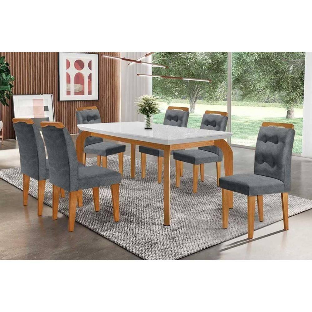 Conjunto: Mesa de Cozinha Londrina c/ Tampo Madeirado Canto Reto 180x90cm e 6 cadeiras Imperatriz Capuccino/Suede Grafite - Rufato