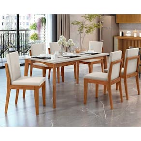 Conjunto: Mesa de Cozinha Monalisa c/ Tampo Madeirado c/ Vidro 160cm e 6 Cadeiras Lady Natural - Nesher