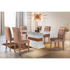 Conjunto: Mesa de Cozinha Ágata Tampo Madeirado c/ Vidro Canto Reto 120x80cm e 4 Cadeiras Imperatriz Capuccino/Linho Bege Turim - Rufato