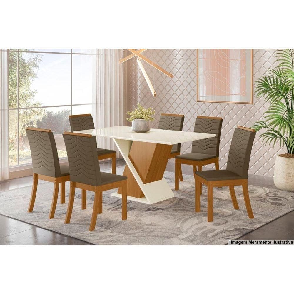 Conjunto: Mesa de Cozinha Solus c/ Tampo Madeirado 160x90cm e 6 Cadeiras Isa Nature/Suede Light Bege - Henn