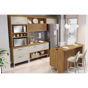 Kit Cozinha Modulada 5 Peças Princesa (1Aéreo+2Balcões+1Paneleiro+1Ilha) C6P61 Freijo/Off White - Nesher