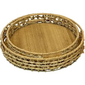 Kit 2 Bandejas Decorativas em Palha 35x35x6cm e 30x30x6cm