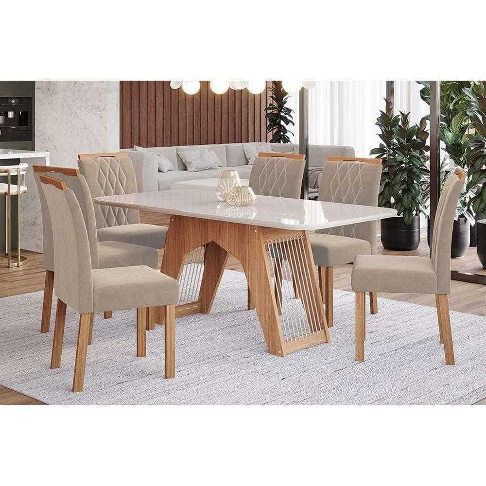Conjunto: Mesa de Cozinha Carol Tampo Madeirado c/ Vidro 180x90cm e 6 Cadeiras Juliana Nature-Madeirado/Off White-Linho Bege - Cimol