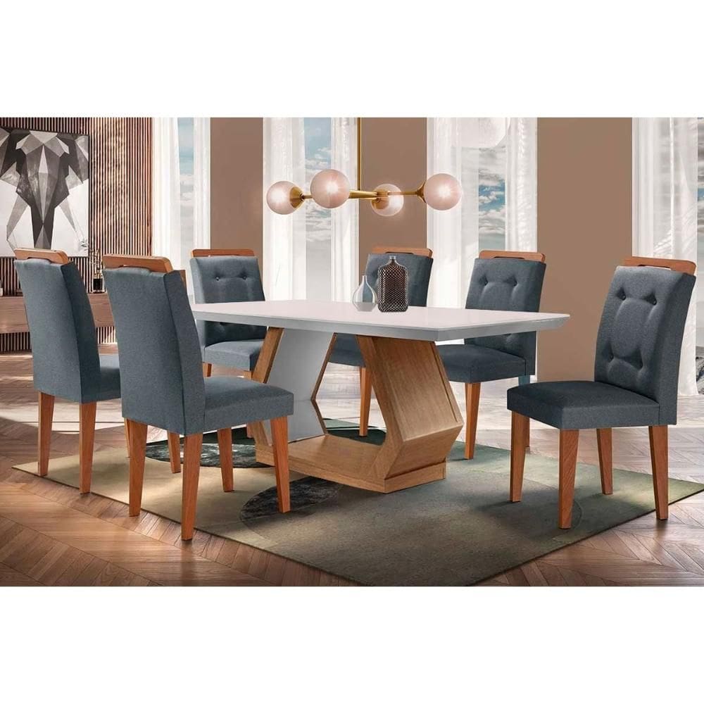 Conjunto: Mesa de Cozinha Alvorada c/ Tampo Madeirado Canto Reto 180x90cm e 6 Cadeiras Imperatriz Imbuia/Off White - Suede Grafite - Rufato