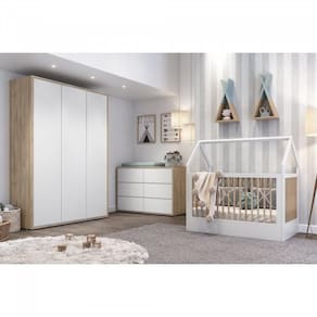 Berço Montessoriano Casinha com Colchão, Comoda e Roupeiro Coleção Wood Branco/Treviso