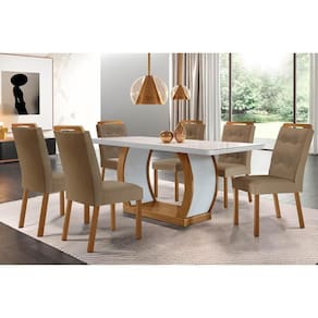 Conjunto: Mesa de Cozinha Jade Tampo Madeirado c/ Vidro Canto Curvo 180x90 e 6 Cadeiras Imperatriz Imbuia/Off White - Suede Capuccino - Rufato