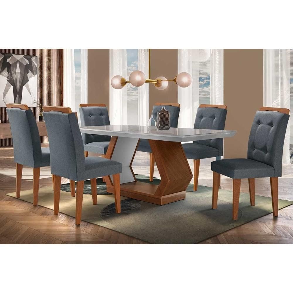 Conjunto: Mesa de Cozinha Alvorada Tampo Madeirado c/ Vidro Canto Reto 180x90cm e 6 Cadeiras Imperatriz Imbuia/Off White - Suede Grafite - Rufato