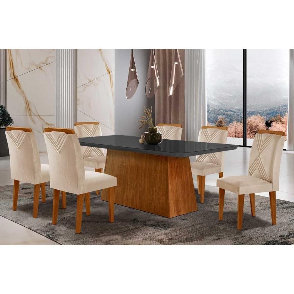 Conjunto: Mesa de Cozinha Luna Tampo Madeirado c/ Vidro Canto Curvo 180x90 e 6 Cadeiras Amsterdã Imbuia/Suede Creme - Rufato