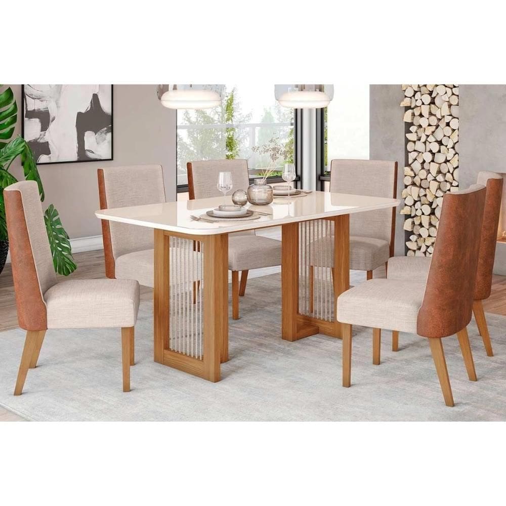 Conjunto: Mesa de Cozinha Yara c/ Tampo Madeirado c/ Vidro Curvo 160x90cm e 6 Cadeiras Anne Nature/Courano/Linho - Henn
