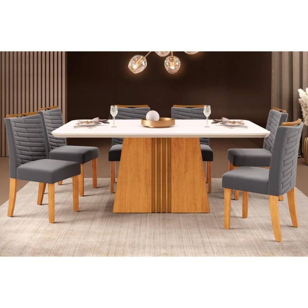 Conjunto: Mesa Sala Jantar Italia Tampo Madeirado c/ Vidro Curvo 170x90cm e 6 Cadeiras Julia Cedro/Off White - Suede Lunar - DJ Móveis