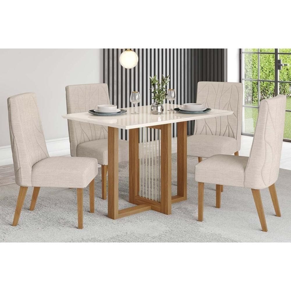 Conjunto: Mesa de Cozinha Natalí c/ Tampo Madeirado c/ Vidro Reto 120x80cm e 4 Cadeiras Eloa Nature/Suede Light Linho - Henn