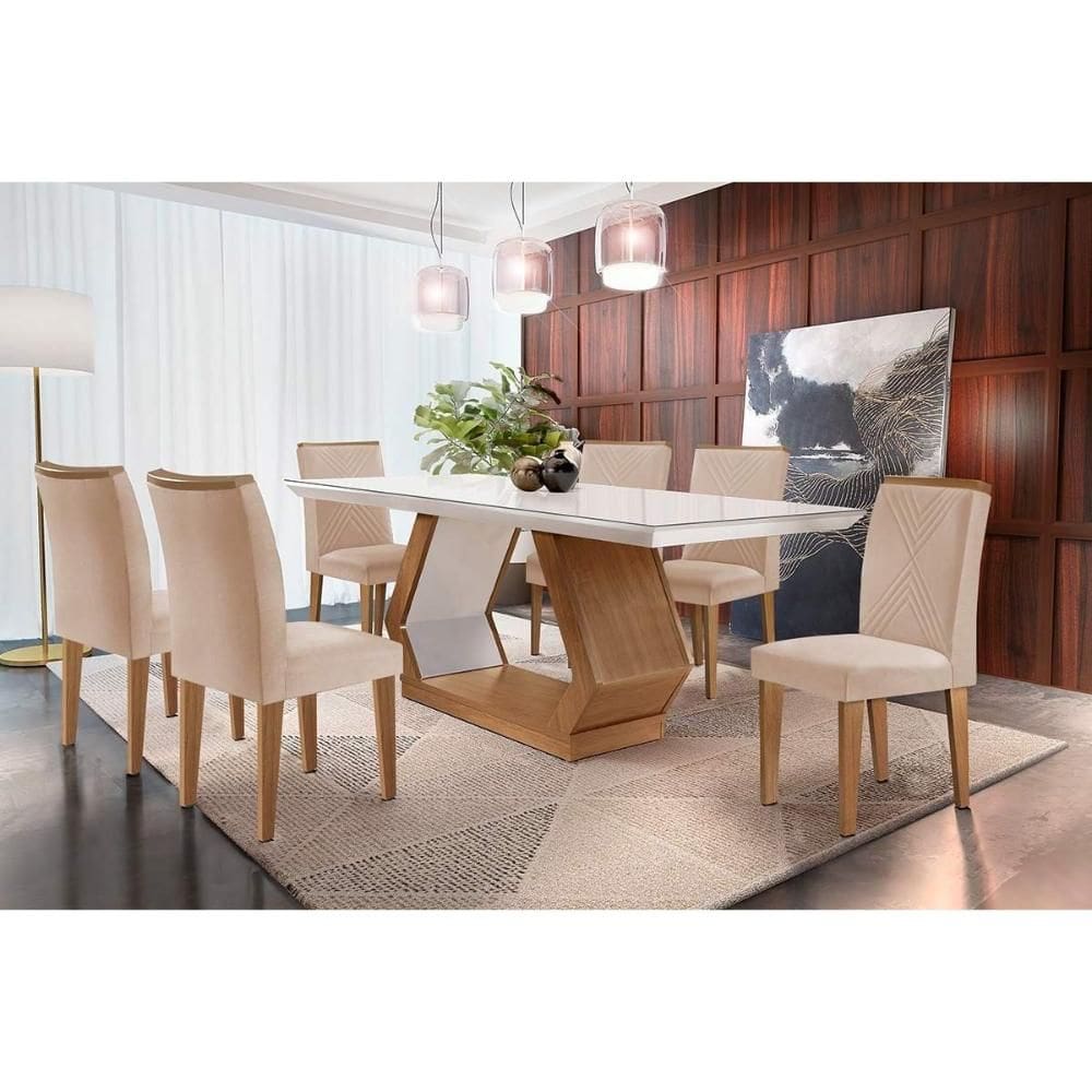 Conjunto: Mesa de Cozinha Alvorada Tampo Madeirado c/ Vidro Canto Reto 180x90cm e 6 Cadeiras Amsterdã Imbuia/Off White - Suede Creme - Rufato