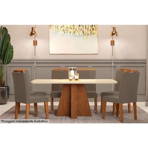 Conjunto: Mesa de Cozinha Maitê Tampo Madeirado c/ Vidro Canto Curvo 160x80cm e 6 Cadeiras Laura Savana-Nature/Off White-Suede Joli Capuccino - Cimol