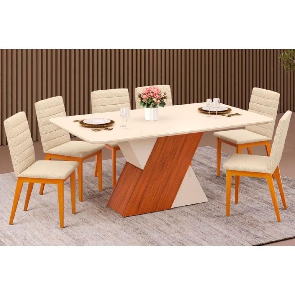 Conjunto: Mesa Sala Jantar Rubi c/ Tampo Madeirado c/ Vidro 170x90cm e 6 Cadeiras Sofia Freijo/Off White/Off White - Ipe/Linho Neve - DJ Móveis