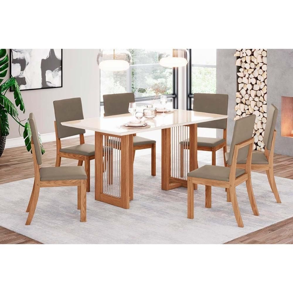 Conjunto: Mesa de Cozinha Yara c/ Tampo Madeirado c/ Vidro Reto 160x90cm e 6 Cadeiras Milla Nature/Suede Light Marrom Amendoa - Henn