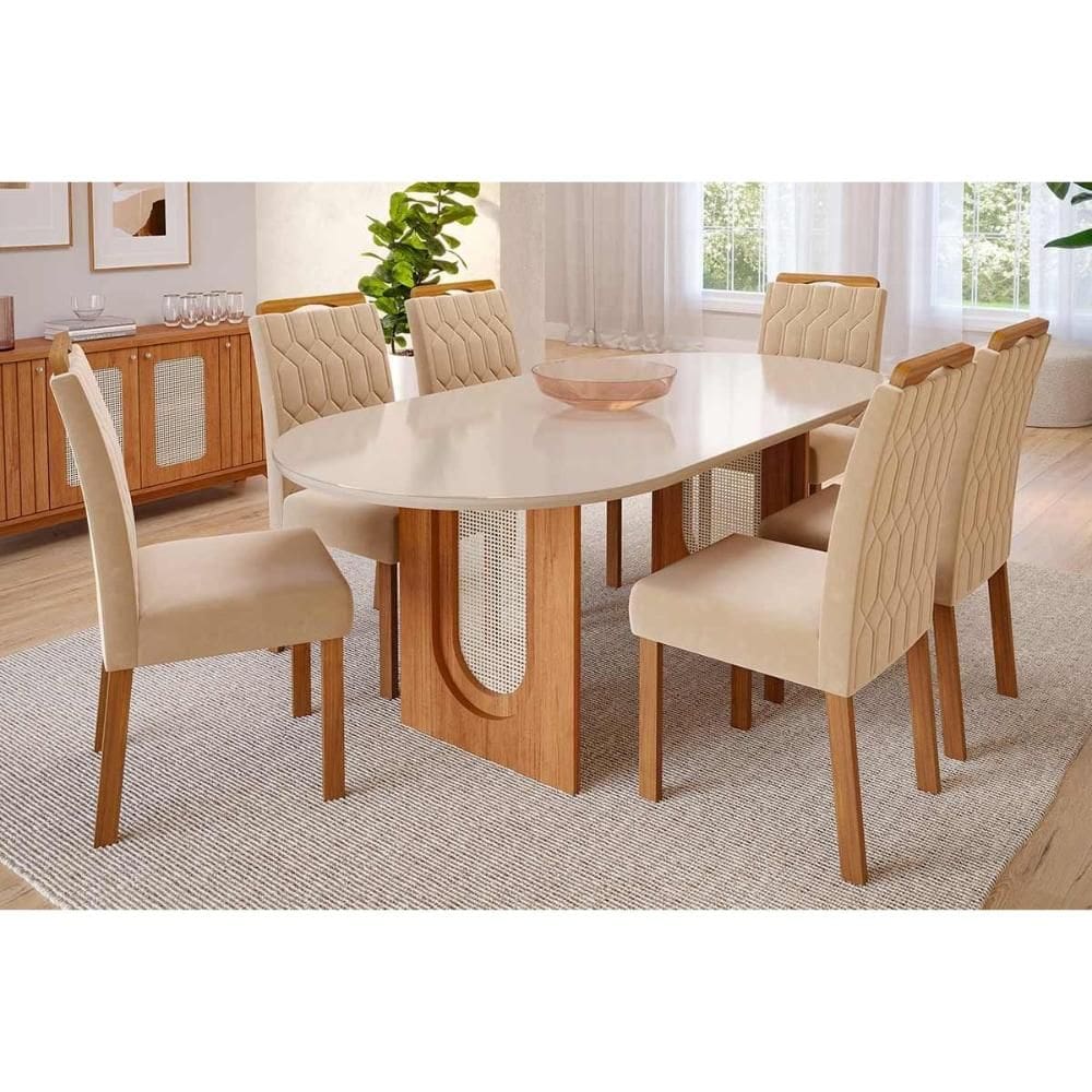 Conjunto: Mesa de Cozinha Valentina Tampo Madeirado Oval c/ Vidro 210x100cm e 6 Cadeiras Paola Cinamomo/Off White - Savana/Nature-Suede Nude - Cimol
