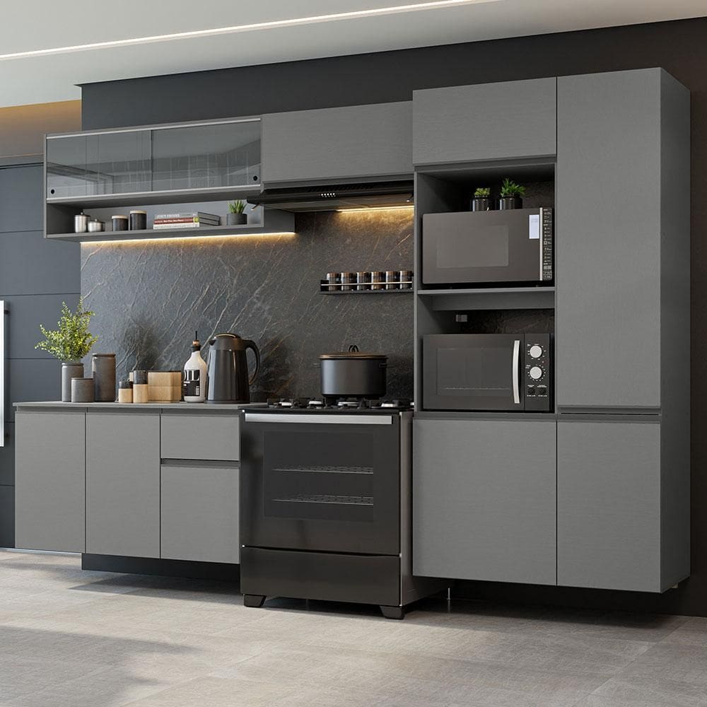 Armário de Cozinha Completa Suspenso 300cm Cinza Nice Madesa 07 XV