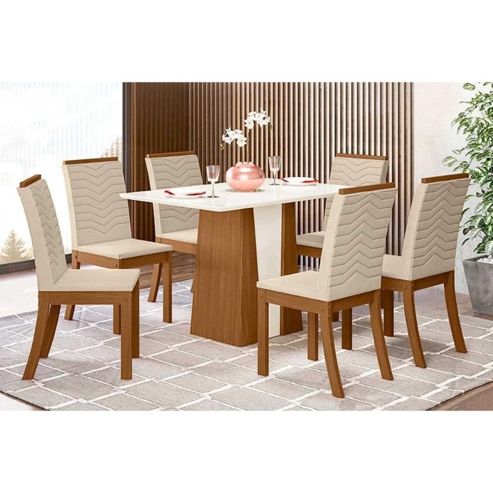 Conjunto: Mesa de Cozinha Orus Tampo Madeirado c/ Vidro 120x80cm e 6 Cadeiras Isa Nature/Linho - Henn