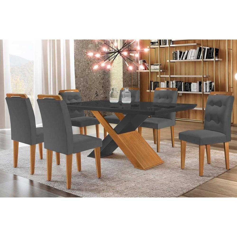 Conjunto: Mesa de Cozinha Imperatriz Tampo Madeirado c/ Vidro Curvo 180x90 e 6 Cadeiras Imperatriz Imbuia/Grafite - Suede Grafite - Rufato