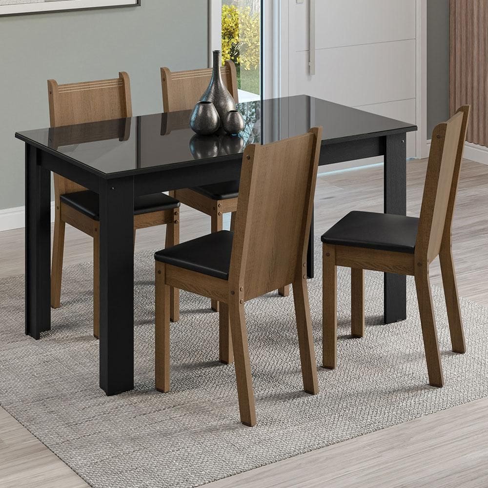 Conjunto Sala de Jantar Mesa Tampo de Vidro 4 Cadeiras Preto/Rustic Kiara Madesa XV