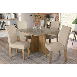 Conjunto: Mesa de Cozinha Lótus c/ Tampo Madeirado c/ Vidro 105x105cm e 4 Cadeiras CAD131 Freijó/Bronze/Bege - Kappesberg