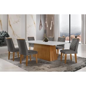 Conjunto: Mesa de Cozinha Luna c/ Tampo de Vidro Canto Curvo 180x90cm e 6 cadeiras Jade Imbuia/Off White - Suede Grafite - Rufato