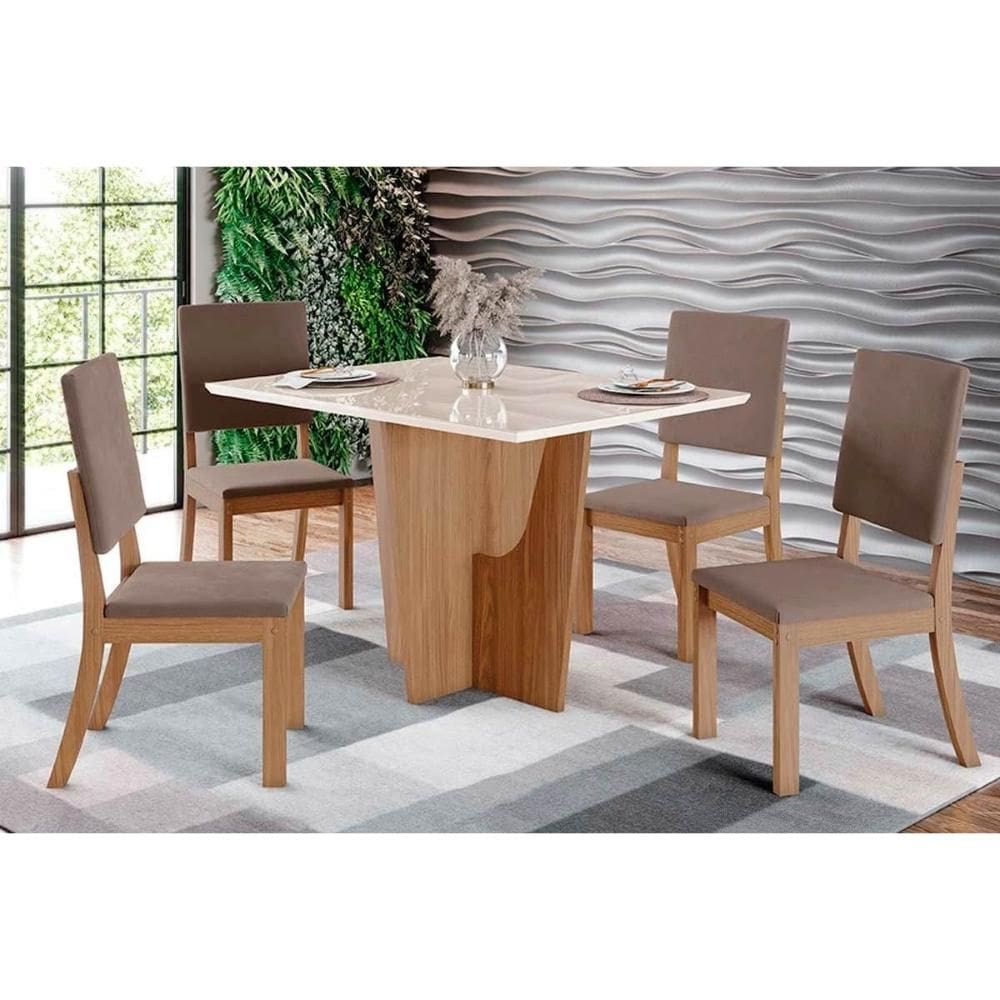 Conjunto: Mesa de Cozinha Vértice c/ Tampo Reto Madeirado c/ Vidro 120x80cm e 4 Cadeiras Milla Nature/Suede Light Marrom Amendoa - Henn