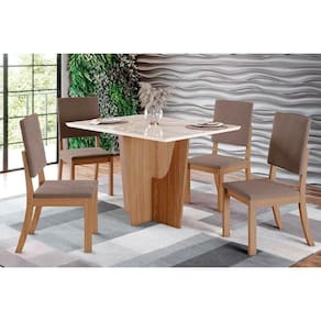Conjunto: Mesa de Cozinha Vértice c/ Tampo Reto Madeirado c/ Vidro 120x80cm e 4 Cadeiras Milla Nature/Suede Light Marrom Amendoa - Henn