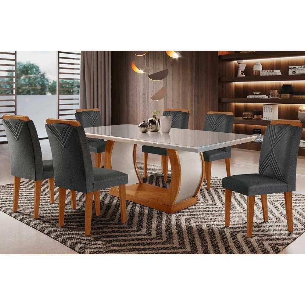 Conjunto: Mesa de Cozinha Jade Tampo Madeirado c/ Vidro Curvo 180x90 e 6 Cadeiras Amsterdã Capuccino/Suede Grafite - Rufato