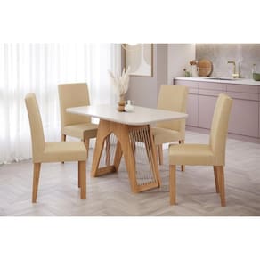 Conjunto: Mesa de Cozinha Carol Tampo Madeirado c/ Vidro 130x80cm e 4 Cadeiras Maia Nature/Off White-Suede Gengibre Bege - Cimol