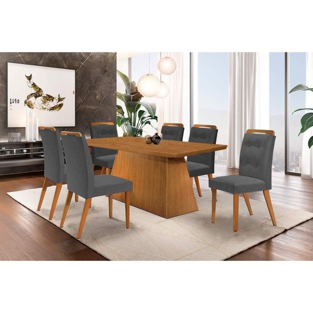 Conjunto: Mesa de Cozinha Luna c/ Tampo Madeirado Canto Curvo 180x90cm e 6 cadeiras Imperatriz Capuccino/Suede Grafite - Rufato