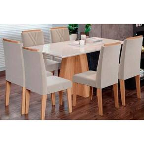 Conjunto: Mesa de Cozinha Maitê Tampo Madeirado c/ Vidro Canto Curvo 160X80cm e 6 Cadeiras Nicole Nature/Suede Nude Bege - Cimol