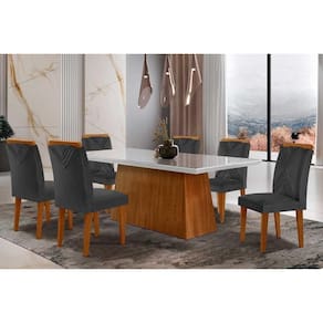 Conjunto: Mesa de Cozinha Luna Tampo Madeirado c/ Vidro Reto 180x90 e 6 Cadeiras Amsterdã Capuccino/Suede Grafite - Rufato