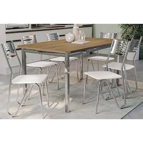 Conjunto: Mesa de Cozinha Reno c/ Tampo de Madeira 160cm e 6 Cadeiras Nápoles Cromada/Branco 106 - Kappesberg