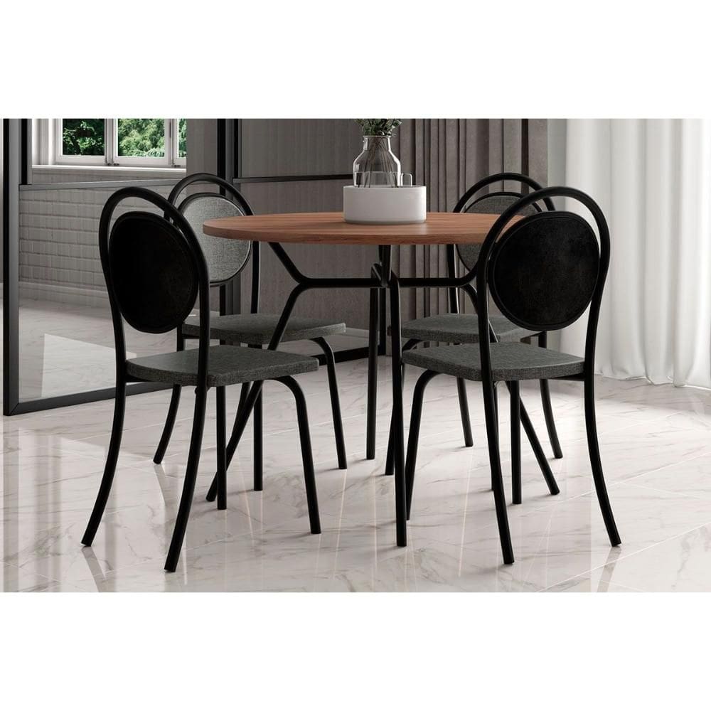 Conjunto: Mesa de Cozinha 1588 c/ Tampo Madeirado 100cm e 4 Cadeiras 1738 Preto - Carraro