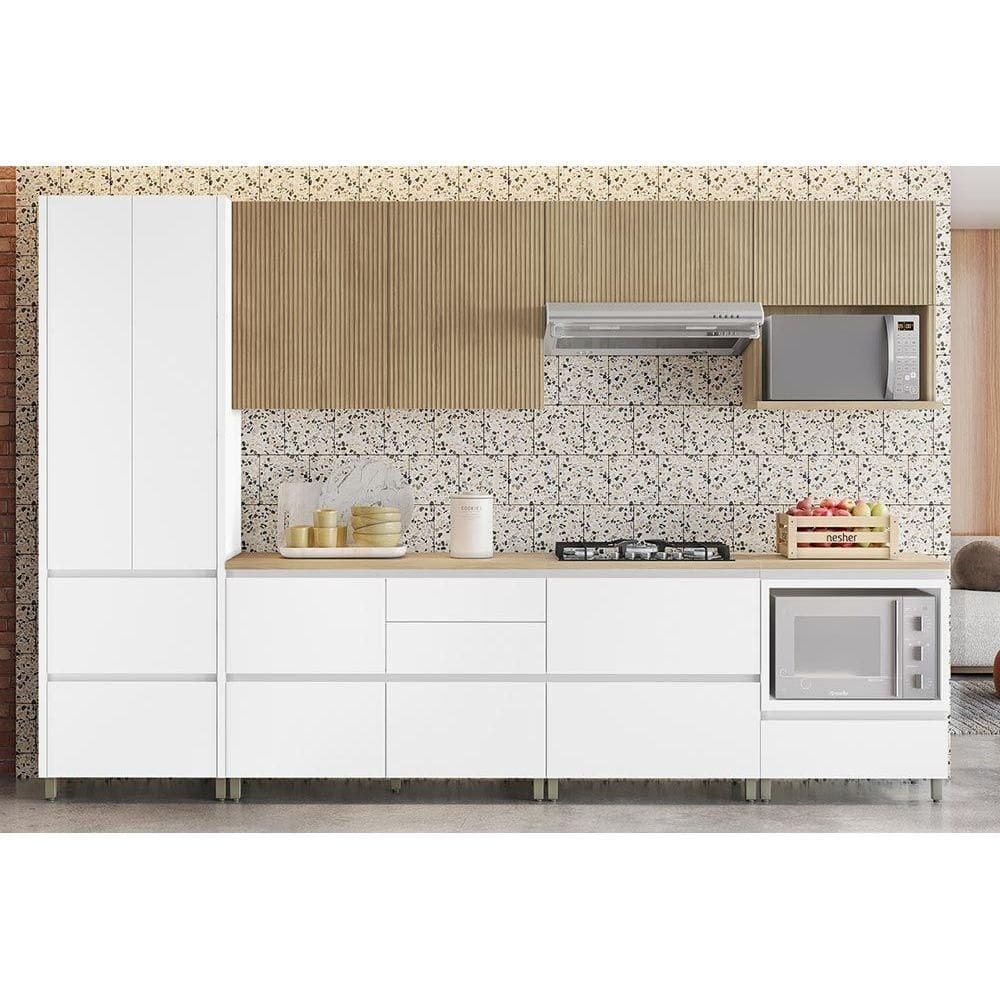 Kit Cozinha Modulada 7 Peças Rainha Gourmet (3Aéreos+3Balcões+1Paneleiro) C6P38 Branca/Nature - Nesher