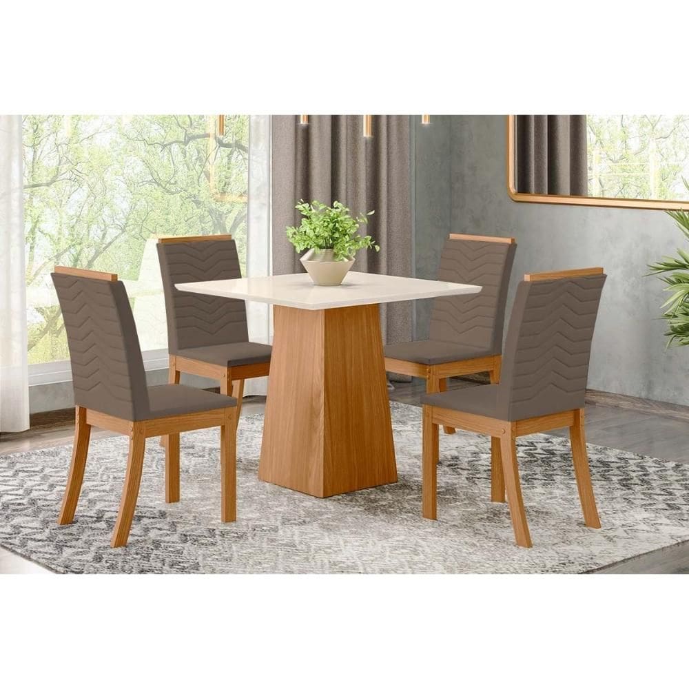 Conjunto: Mesa de Cozinha Dora Tampo Madeirado 90cm e 4 Cadeiras Isa Nature/Suede Light Bege - Henn