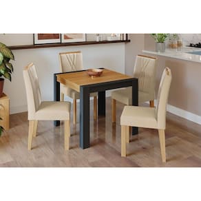 Conjunto: Mesa de Cozinha Grace Tampo Madeirado 90x90cm e 4 Cadeiras Nicole Nature/Suede Nude Bege - Cimol