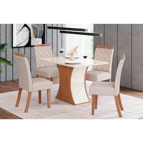 Conjunto: Mesa de Cozinha Luiza Tampo Madeirado c/ Vidro Canto Reto 120x80cm e 4 Cadeiras Bella Nature/Linho - Henn